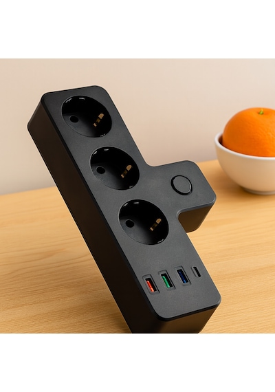 Termal Korumalı Duvar Prizi - 3xpriz 3xusb 1xtype-c Siyah