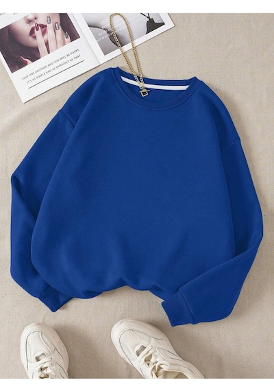 Startmore Mavi Unisex Düz Renkli Oversize Bisiklet Yaka Pamuklu