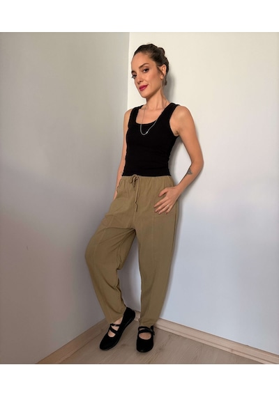 Haki Havuç Kesim Keten Pantolon Olive