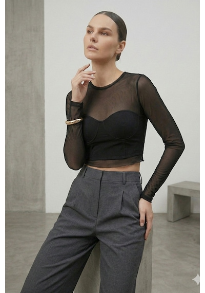 Kadın Siyah Transparan Tül Bluz Uzun Kollu Crop Tül-ince Dokulu Kadın Bluz-body-badi Siyah