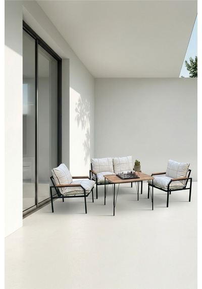 Milda Metal Bahçe Balkon Mobilyası Koltuk Takımı Çay Seti Güneşe Dayanıklı Kumaş 2+1+1 - Krem Vizon