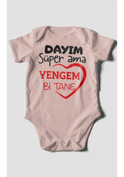 Morivokids Dayım Süper Ama Yengem Bir Tane Kısa Kollu Bebek Body %100 Pamuk Pastel Pembe