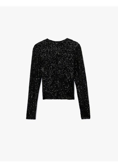Koton Uzun Kollu Degaje Yaka Pullu Payetli Crop Bluz Siyah 6wak60006fk Siyah