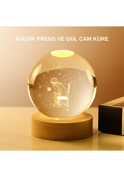 Usb Li Küçük Prens Işıklı Cam Küre Ahşap Altlıklı Dekoratif Lamba