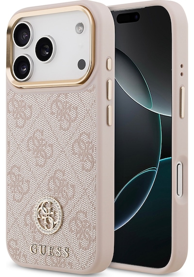 Apple Uyumlu iPhone 17 Pro Kılıf Guess Lisanslı M-safeli Gold Metal Kamera Çerçeveli Taşlı 4g Logolu Pembe Pembe