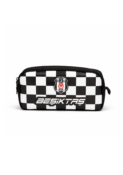 Beşiktaş Lisanslı Çift Bölmeli Dama Desenli Kalemlik - Rubber Logolu Su İtici Kumaşlı Kalem Çantası Siyah - Beyaz