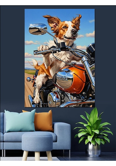 Ahşap Tablo Motosiklet Süren Köpek Resmi