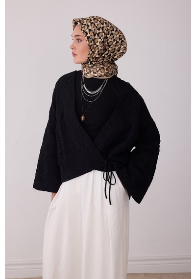 Belli Geometrik Desen %100 Twill İpek Eşarp Be03 Siyah