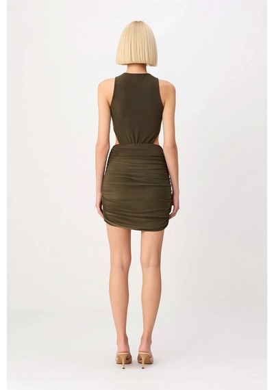 Benerly Kadın Kolsuz Bisiklet Yaka Drape Detaylı Esnek Bodycon Mini Elbis Haki