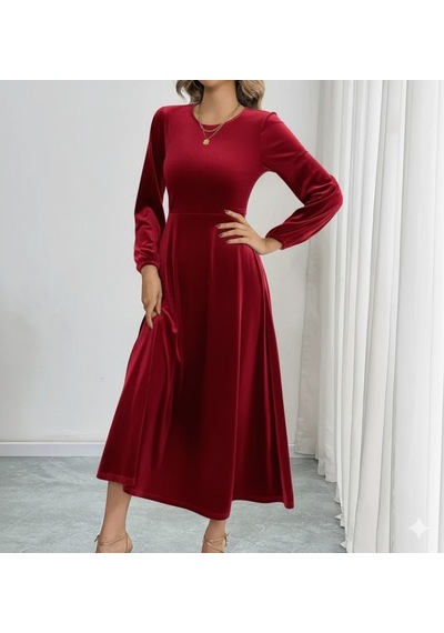 Efnaz Style Kadın Uzun Kollu Bisiklet Yaka Midi Kadife Elbise Bordo