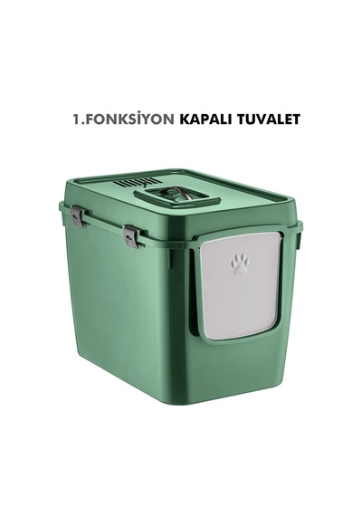 Hz-500 Xxl 3 Fonksiyonlu Kedi Tuvaleti, Kapalı/açık Tuvalet Ve Taşıma Çantası, 56x40x43 Cm Yeşil