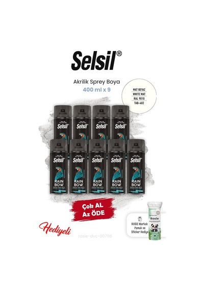 Selsil Akrilik Sprey Boya 400 Ml X 9 Mat Beyaz Ve Rosie Mat Beyaz - Ral 9010