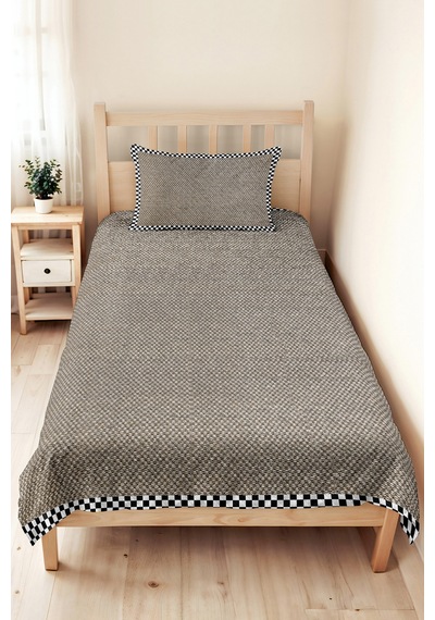 Siyah Beyaz Hasır Desenli Tek Kişilik Pike Takımı - Damalı Ekose 160x220 Cm Kapitone Yatak Örtüsü Nazlı Kil Zemini