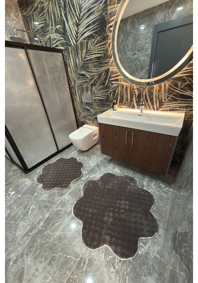 Bubble Papatya Banyo Paspası 2'li Set Pofuduk Yumuşak Peluş Kaymaz Taban Dekoratif Banyo Halısı Antrasit