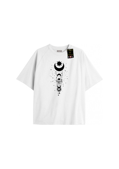 Tarzsokak Beyaz Oversize T-shirt Ay Yıldız Minimal Özel Tasarım