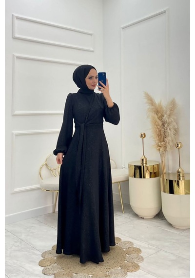 Neşeli Butik Kadın Bağlama Detaylı Jakarlı Tesettür Elbise Nms044 Siyah