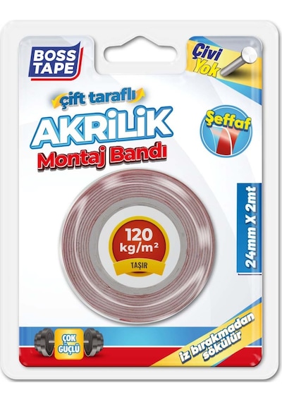 Şeffaf Çift Taraflı Akrilik Montaj Bandı-24 MM/2mt