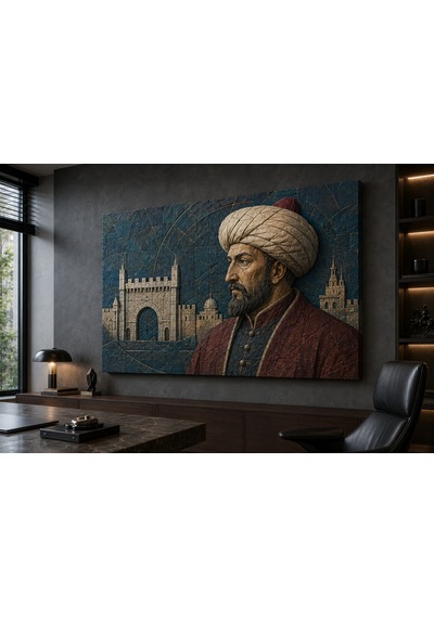 Premium Osmanlı Hükümdarı Ve Tarihî Şehir Kapısı Çerçevesiz Kanvas Tablo Lacivert