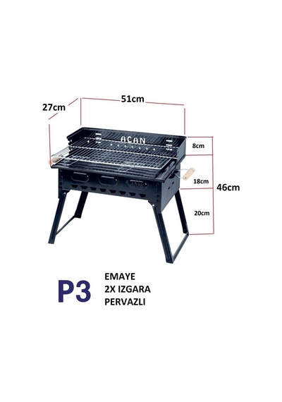 Pervazlı Emaye Mangal P3 Battal Boy Barbekü Çift Kömürlü Izgara Katlanır Ayaklı 27x51cm Diğer