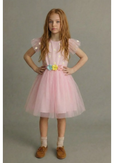 Esila Kids Kız Çocuk Elbise Çiçek Desen Abiye Elbise Pembe