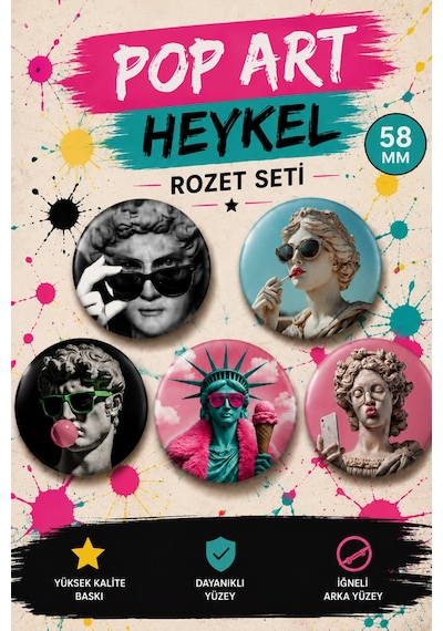 Mashspot 5'li Pop Art Heykel Rozet Seti 58 Mm Renkli Sanat Temalı Buton Rozet Çok Renkli