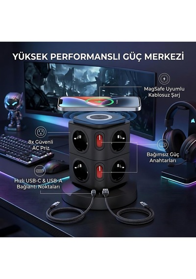 Akım Korumalı Priz Kablosuz Şarj İstasyonu 8xsoket 1xusb 2xtype-c 2 Mt Kablolu Grup Priz Çoğaltıcı 2 M