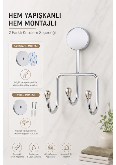 Alper Banyo Krom 3'Lü Banyo Askısı, Havlu Ve Bornoz Askılığı