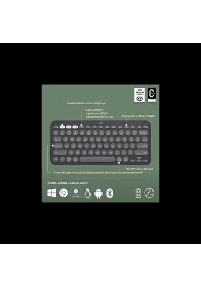 Logıtech K380s, Pebble Keys 2, Siyah, 920-011859, Bluetooth, Türkçe, Q, Multimedya, Mini Klavye