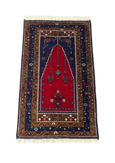 El Dokuma Sıfır Yahyalı Seccade 86x140 Lacivert Kırmızı Kök Boya %100 Yün Namazlık