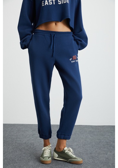 Grimelange Gloryy  Kadın Comfort Fit Baskı Detaylı Lastikli Paça Organik Pamuklu Lacivert Eşofman Takımı