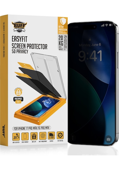 Buff Apple Uyumlu   iPhone 17 Pro Max/16 Pro Max 5d Privacy Easyfit 2 Adet Ekran Koruyucu