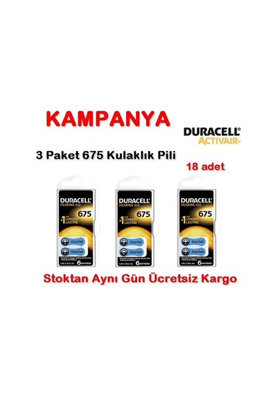 Duracell 675 Numara Pil Kulak İçi Işitme Cihazı Pili 3 Paket