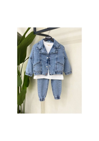 Toikids Kız Çocuk Look Prety Kot Ceketli 3 Lü Kız Takım Mavi