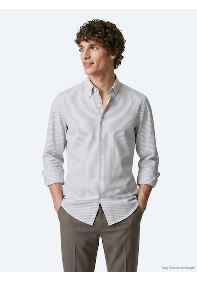 Kip Gri Çizgili Regular Fit Uzun Dokuma Casual Pamuk Karışımlı Gömlek gri grey