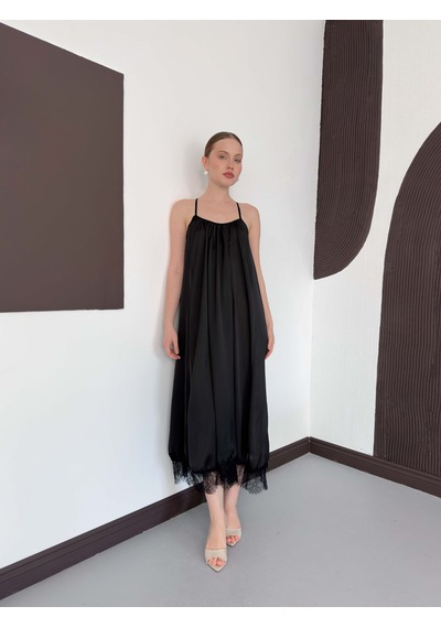 Verymoda Dantel Detaylı Saten Elbise D3022 Siyah