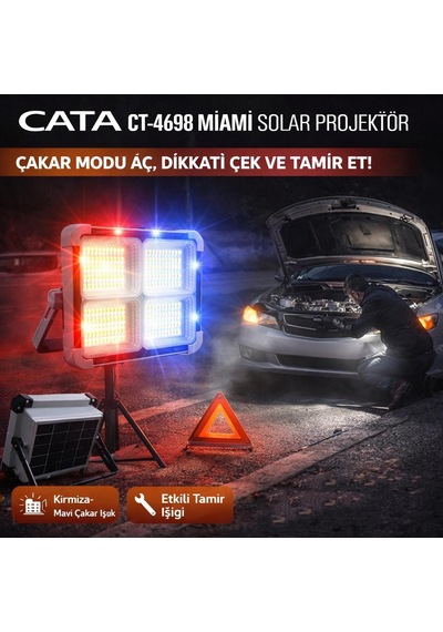 Cata Ct-4698 Miami Solar Led 200w Şarjlı Projektör Çakarlı Fener Gri