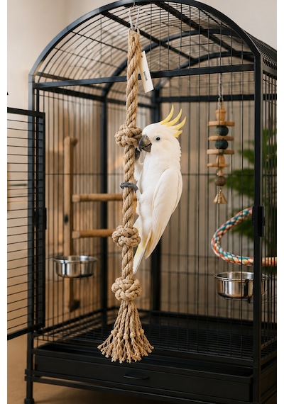 Büyük Irk Papağan Tırmanma Halatı 90 Cm Çap 30 Mm %100 Doğal Kafes Oyuncağı Stres İpi Jüt Halat Macaw Kakadu Jako Amazon Eklektus