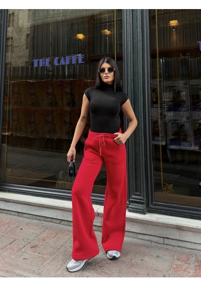 Out Of Standart Kadın Wide-leg Kalıp Beli Lastikli Kordon Detaylı Eşofman Altı Kırmızı