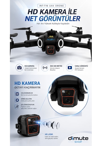 Int-t16 Uav Drone Hd Kamera Fırçasız Motorlu Uzaktan Kumandalı Katlanabilir Drone