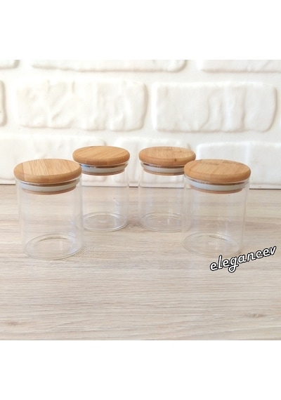 Bambu Vakum Kapaklı Mini Cam Kavanoz Seti 4 Lü Set 6 Cm X 8.5Cm
