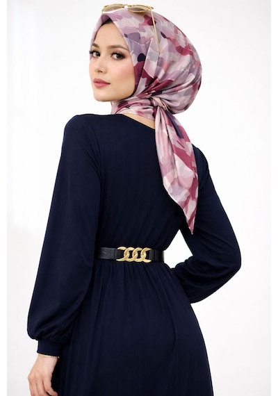 Hira Life Fashion Kadın Gold Zincir Kemer Detaylı Bisiklet Yaka Ve Tesettür Giyim Burgu Elbise Lacivert Lacivert Hira Life Fashion Kadın Gold Zincir Kemer Detaylı Bisiklet Yaka Ve Tesettür Giyim Burgu Elbise Lacivert Lacivert
