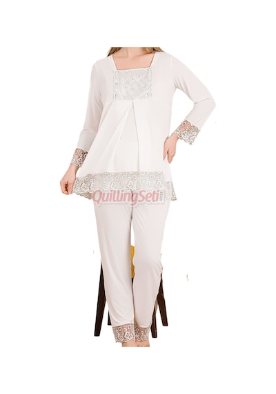 Lady Ekru Renkli, Dantel Detaylı, 33203 Uzun Kol, 2 Parça Lohusa Hamile Pijama Takımı