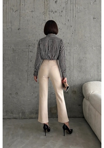 Hiccup My Fashıon Yüksek Bel Dökümlü Pantolon Bej Doğal