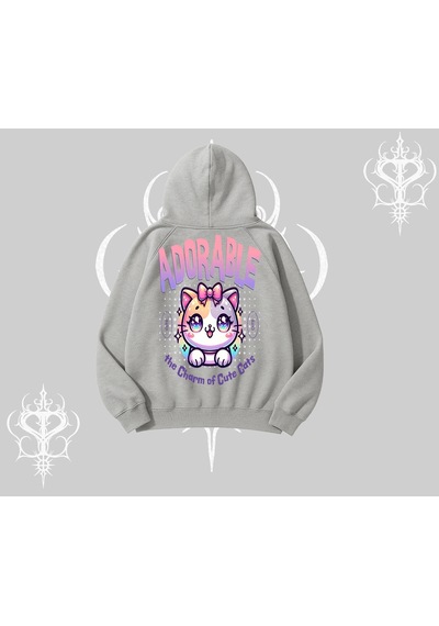 Startmore Adorable Kawaii Kedi Arka Baskılı Kapşonlu Sweatshirt Gri