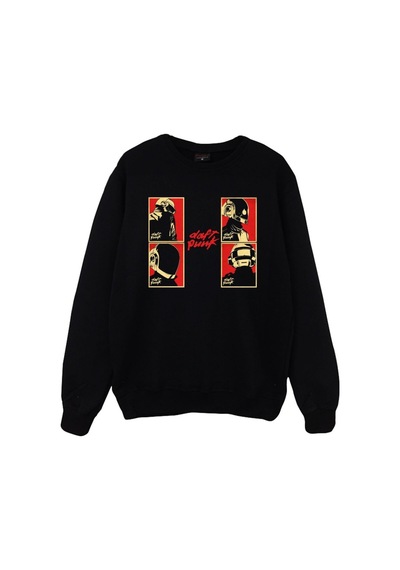 Daft Punk Baskılı Unisex %100 Pamuk Siyah Bisiklet Yaka Sweatshirt Siyah