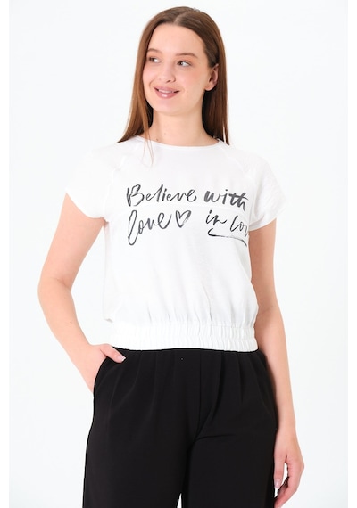 Sortie Collection Reglan Kollu Yazı Baskılı Beli Lastikli Bluz Ekru