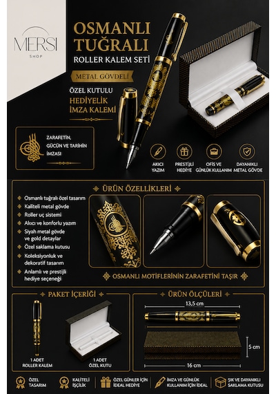 Osmanlı Tuğralı Roller Kalem Seti Metal Gövdeli Özel Kutulu Hediyelik İmza Kalemi Altın - Çelik - Siyah