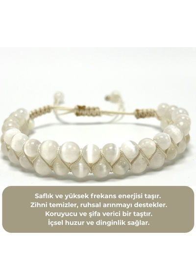 Sertifikalı Selenit Çift Sıra Doğal Taş Makrome Bileklik Ayarlanabilir Ölçü Beyaz
