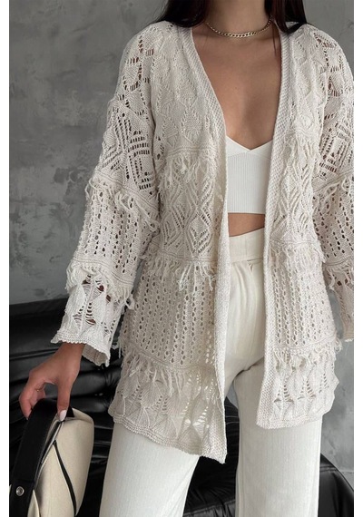 Noa & Noa Kadın Desenli Açık Örgü Hırka Romantik & Modern Stil Ekru