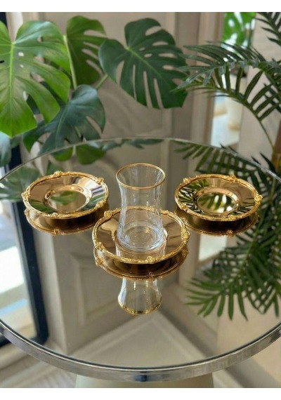 Elta Collection 12 Parça 6 Kişilik Gold Metal Çerçeveli Çay Seti 6 Bardak 6 Metal Tabak Lüks Sunum Altınmetal